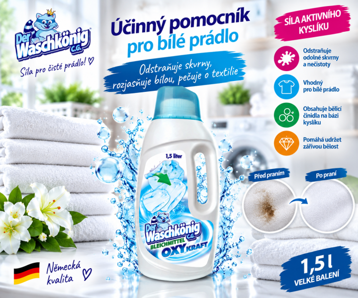 Waschkönig OXY Kraft Weiss Gel odstraňovač skvrn na bílé prádlo – 1,5 l